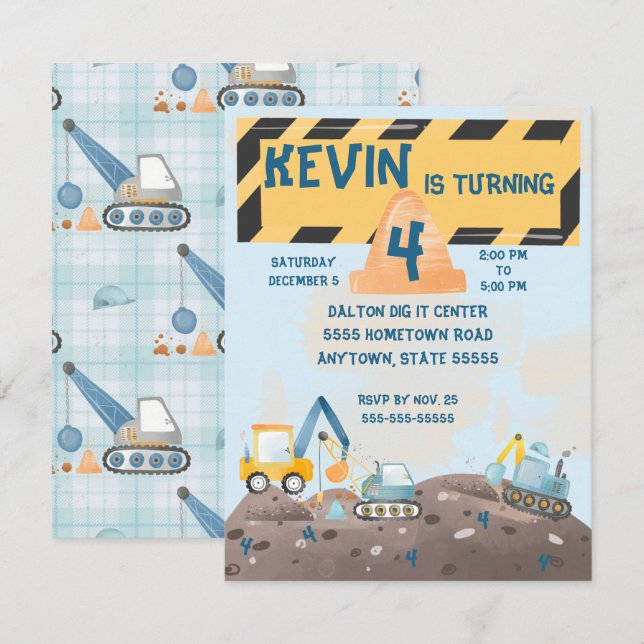 Boys tractor digging birthday invite (Front/Back)