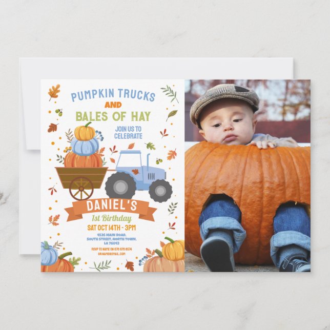 Boy's Tractor Pumpkin Birthday Harvest Party  Invitation (Front)