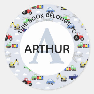 Boys Tractor Train Aeroplane and Name Bookplate Classic Round Sticker