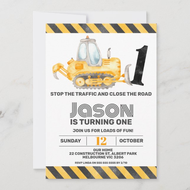 Boys Traffic Construction Vehicles 1st Birthday Invitation (Front)