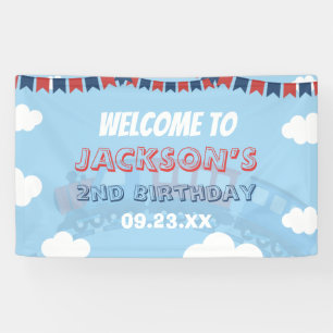 Boys Train Chugga Two Flag Blue Red White Birthday Banner