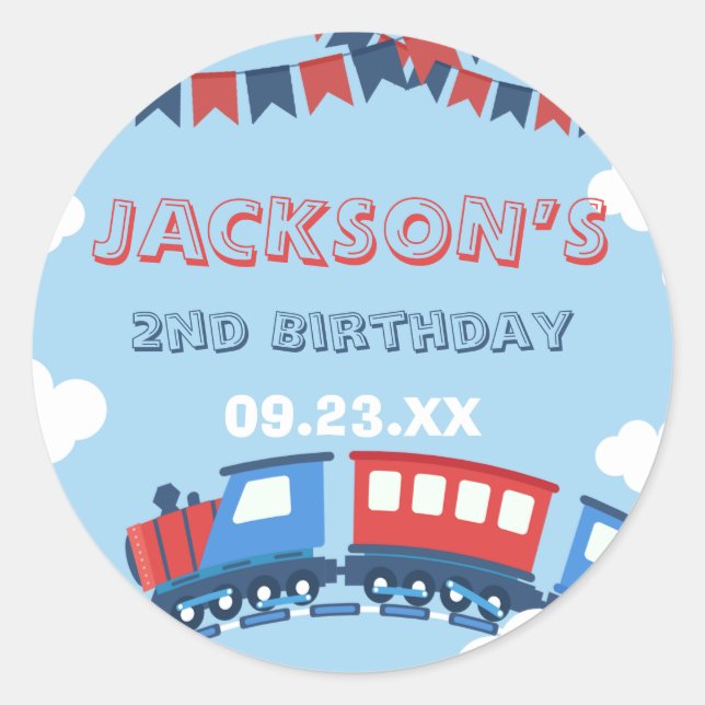 Boys Train Chugga Two Flag Blue Red White Birthday Classic Round Sticker (Front)