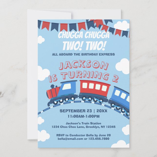 Boys Train Chugga Two Flag Blue Red White Birthday Invitation (Front)