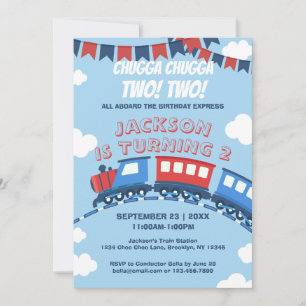 Boys Train Chugga Two Flag Blue Red White Birthday Invitation