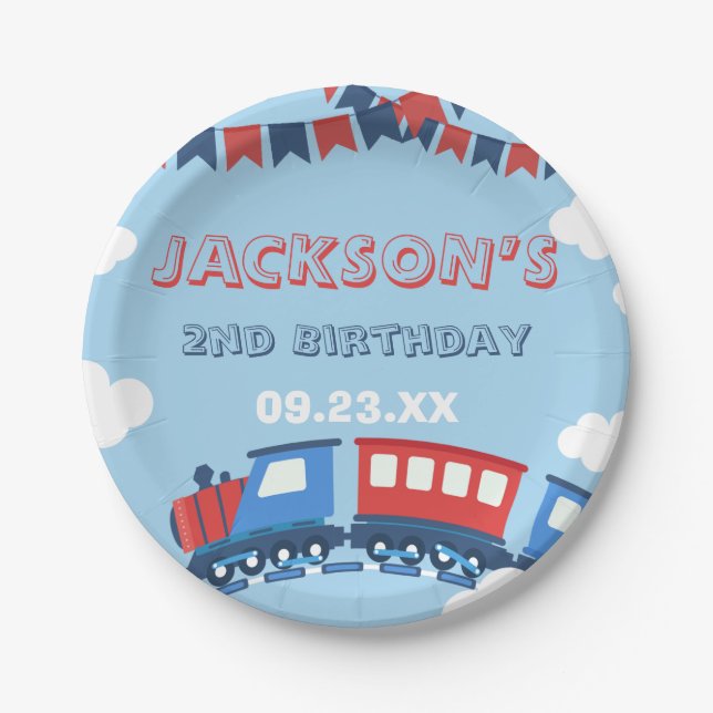 Boys Train Chugga Two Flag Blue Red White Birthday Paper Plate (Front)