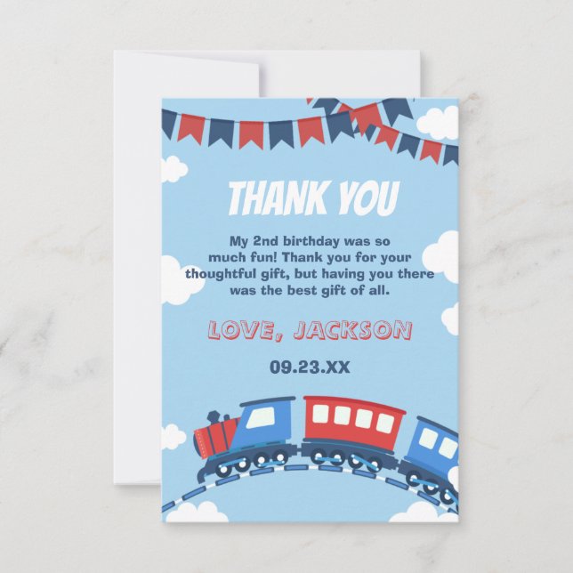 Boys Train Chugga Two Flag Blue Red White Birthday Thank You Card (Front)