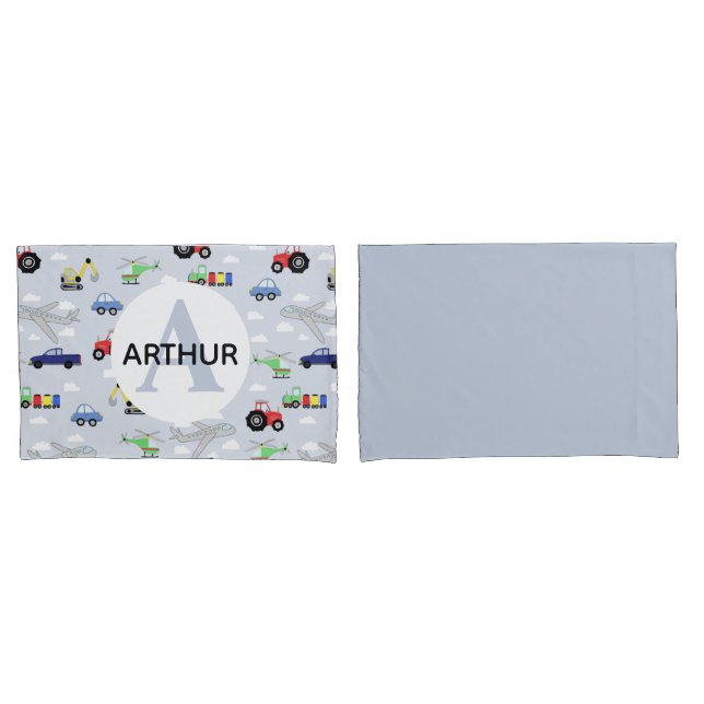 Boys Transport Pattern Monogram Car Name Kids Pillowcase (Front-Set)