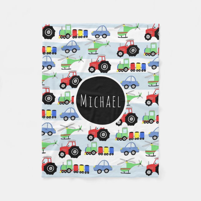 Boy's Transport Train Pattern Name Children's Fleece Blanket (Front)