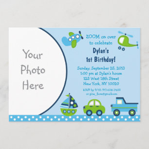 Boys Transportation Photo Birthday Invitations