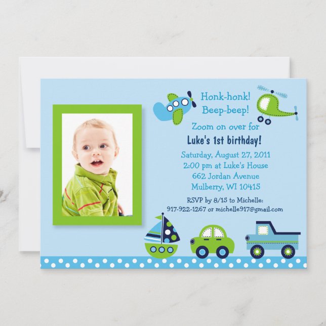 Boys Transportation Photo Birthday Invitations (Front)