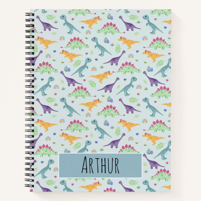 Boys Trendy Cute Blue T-Rex Dinosaur Pattern Notebook (Front)