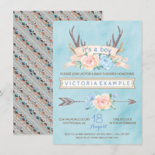Boys Tribal Antler Floral Baby Shower Invitations