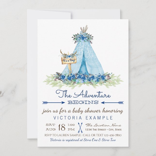 Boys Tribal TeePee Baby Shower Invitations (Front)