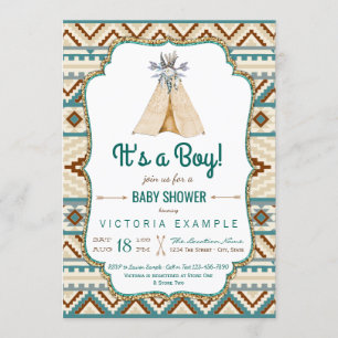 Boys Tribal Teepee Turquoise Aztec Baby Shower Invitation