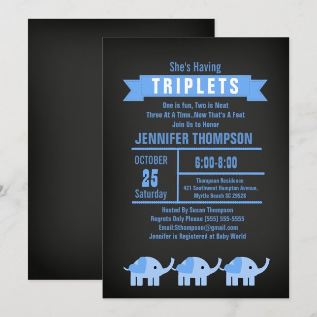 Boys Triplet Elephant Baby Shower Chalkboard Invitation (Front/Back)