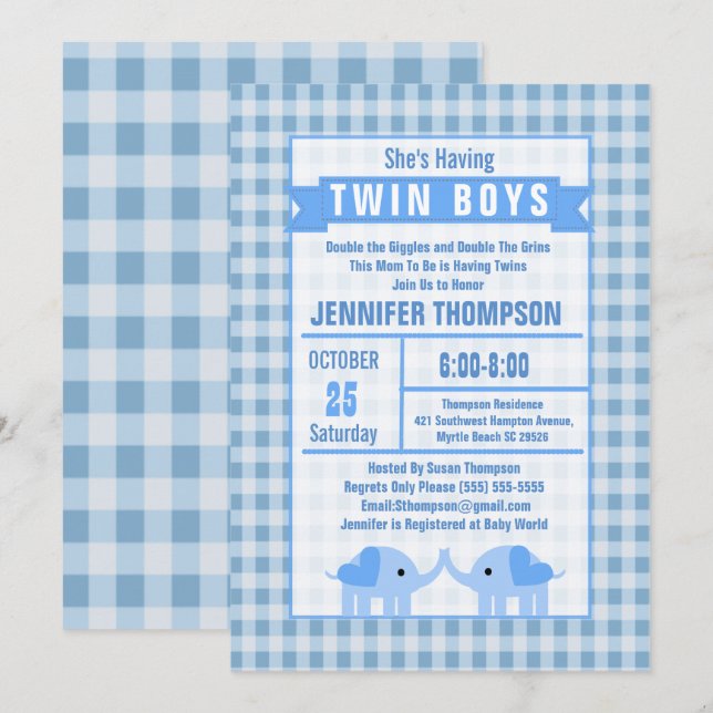 Boys Twin Elephant Baby Shower Blue Gingham Invitation (Front/Back)