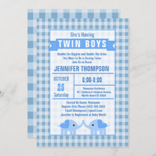 Boys Twin Elephant Baby Shower Blue Gingham Invitation