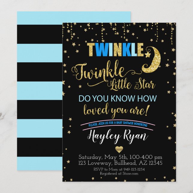 Boys Twinkle Twinkle Little Star Blue Baby Shower Invitation (Front/Back)