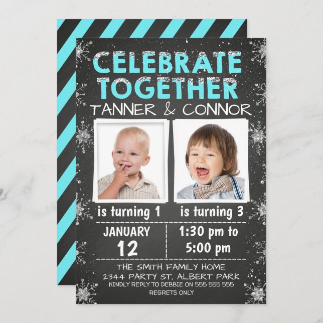 Boys Twins  or Joint Winter Birthday Invitation (Front/Back)