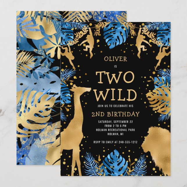 Boys Two Wild 2nd Birthday Blue Black Safari Invitation (Front/Back)