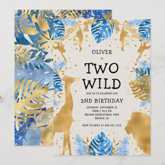 Boys Two Wild 2nd Birthday Blue Ecru Safari Invitation (Front/Back)