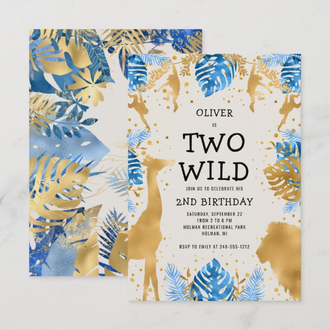 Boys Two Wild 2nd Birthday Blue Ecru Safari Invitation (Front/Back)