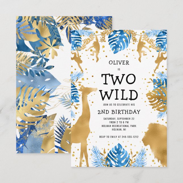 Boys Two Wild 2nd Birthday Blue Gold Safari Invitation (Front/Back)