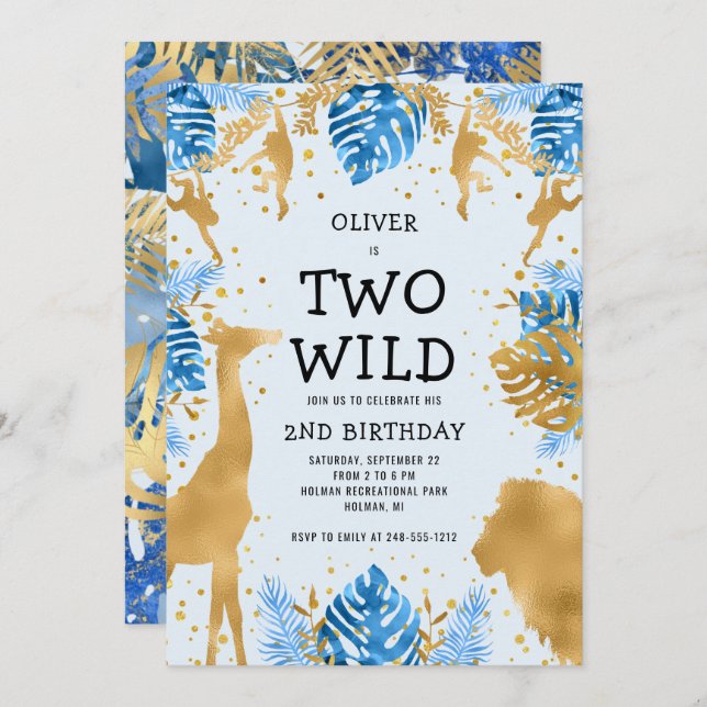 Boys Two Wild 2nd Birthday Blue Safari Invitation (Front/Back)