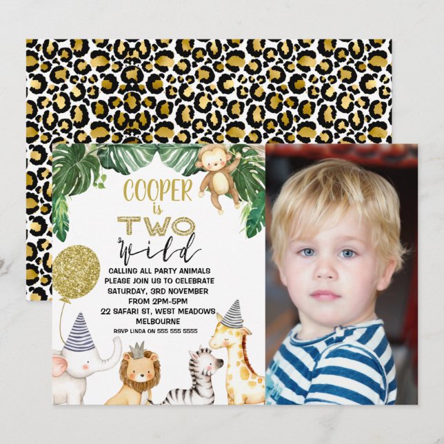 Boys Two Wild Safari Photo 2nd Birthday Invitation (Front/Back)