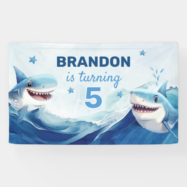 Boys Under the Sea Ocean Shark 5th Birthday Banner (Horizontal)