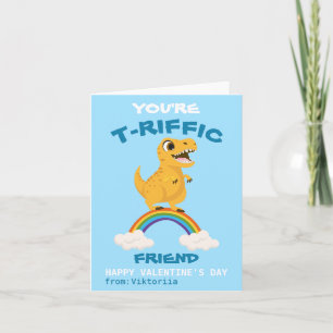 Boys Valentine's day  blue dinosaur t-rex rainbow Holiday Card