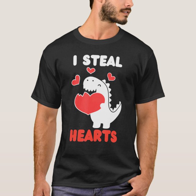 Boys Valentines Day Kids Dinosaur I Steal Hearts T T-Shirt (Front)