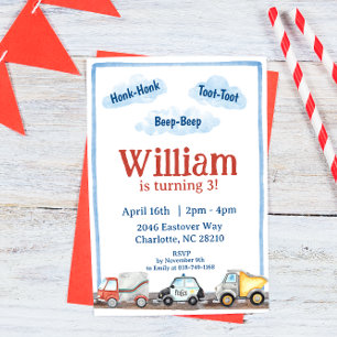 Boys Vehicle Cars Watercolor Birthday Party Invitation