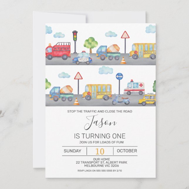Boys Vehicles or Transport Birthday Invitation (Front)