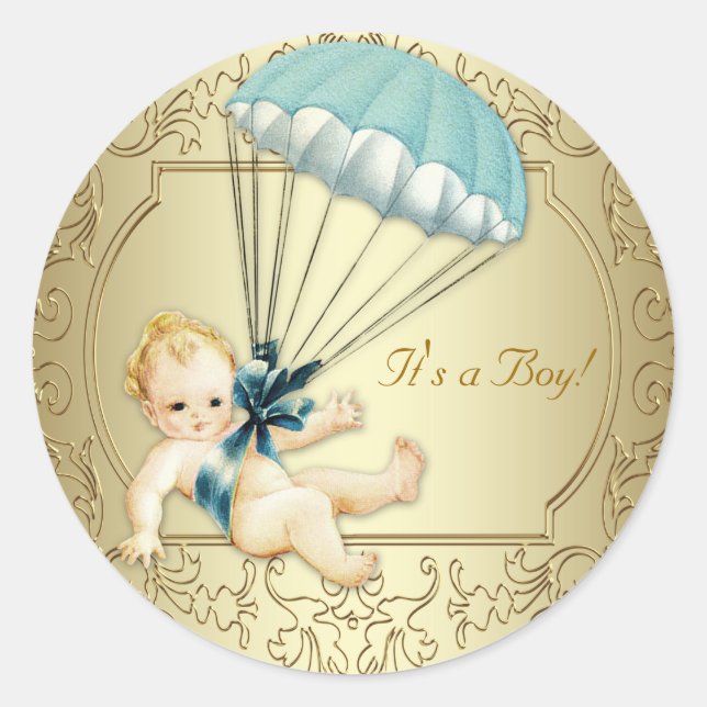 Boys Vintage Baby Shower Classic Round Sticker (Front)
