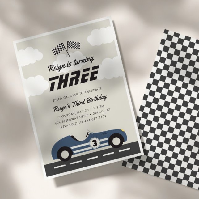 Boys Vintage Blue Race Car Birthday Party Invitation (Creator Uploaded)