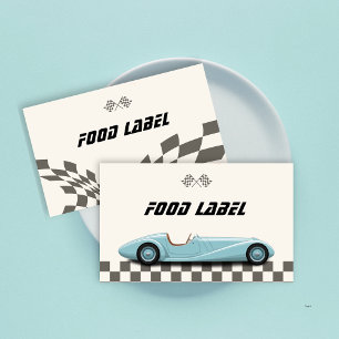 Boys Vintage Blue Retro Race Car Birthday Party Place Card