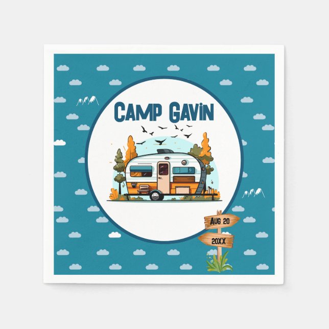 Boys vintage camper outdoor camping birthday  napkin (Front)