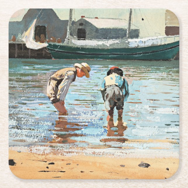 Boys Wading, famous artwork by Winslow Homer Square Paper Coaster (Front)