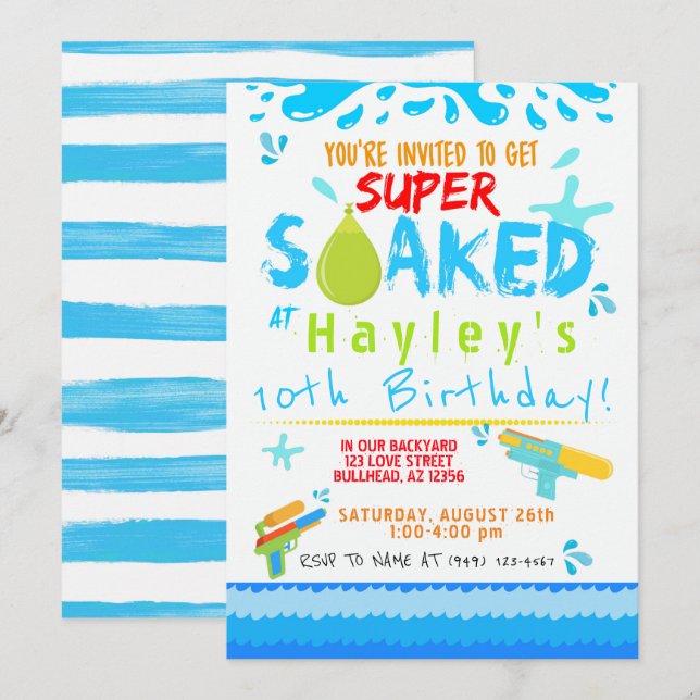 Boys Water Gun Water Balloon Swim Party Birthday Invitation (Front/Back)
