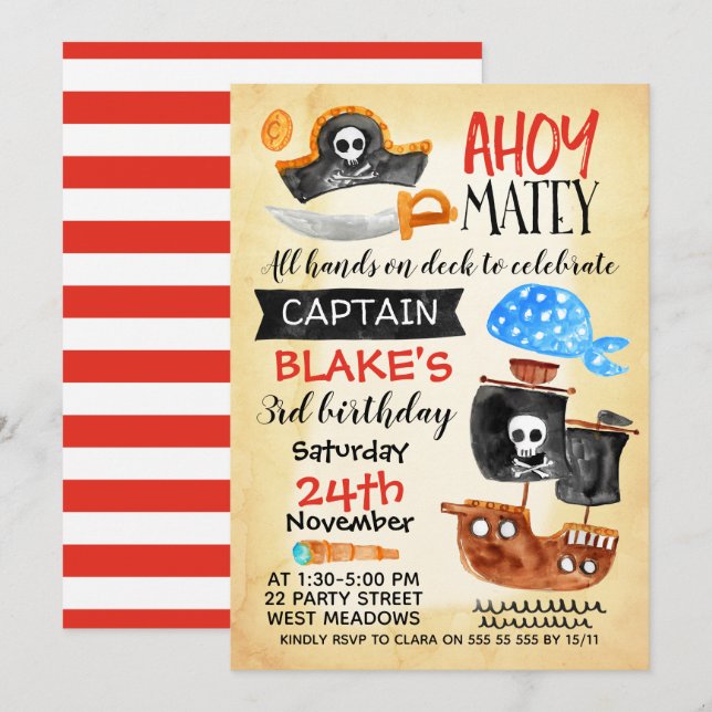 Boys Watercolor Ahoy Pirate Birthday Invitation (Front/Back)