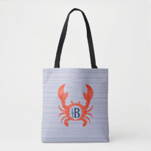 Boys Watercolor Crab Monogram Circlel Tote Bag