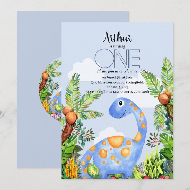 Boys Watercolor Dinosaur 1st Birthday Invitation (Front/Back)