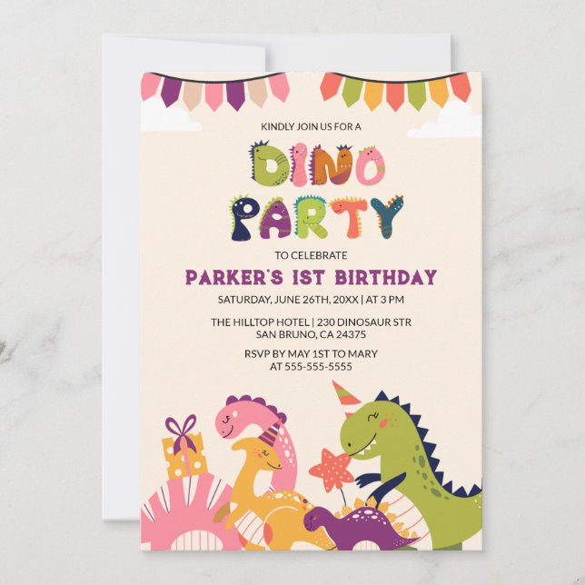 Boys Watercolor Dinosaur 1st Birthday  Invitation (Front)
