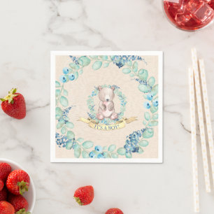 Boys Watercolor Floral Baby Bear Baby Shower Paper Napkin