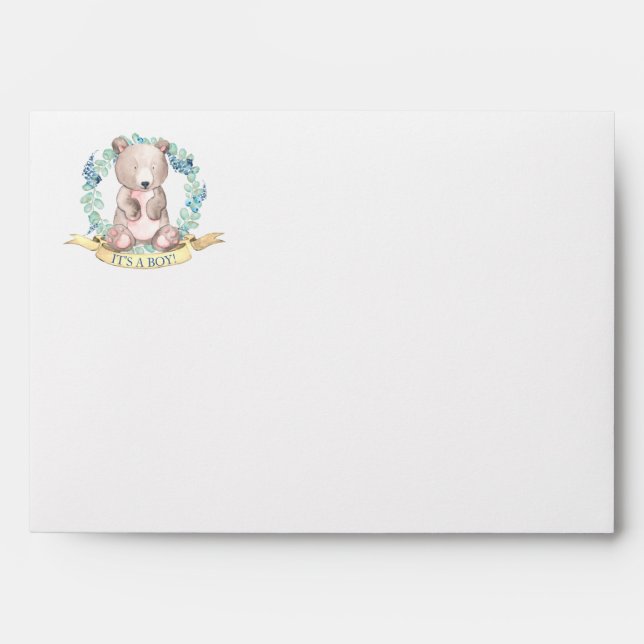 Boys Watercolor Floral Bear Baby Shower Preprinted Envelope (Front)