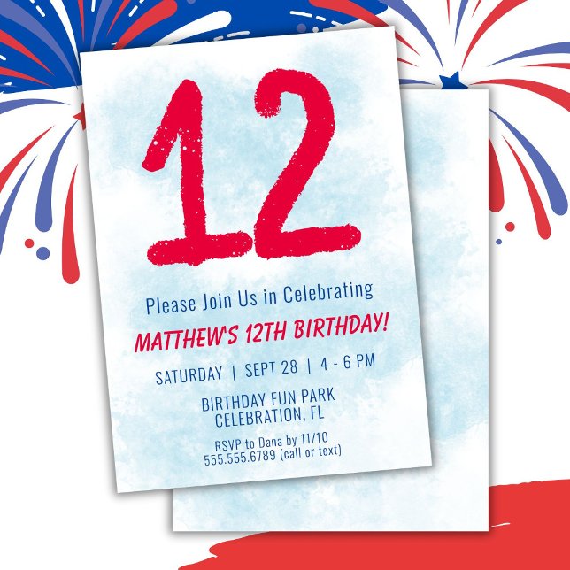 Boys Watercolor Kids Blue 12th Birthday Invitation (Creator Uploaded)