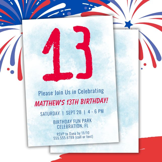 Boys Watercolor Kids Blue 13th Birthday Invitation (Creator Uploaded)