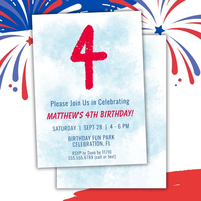 Boys Watercolor Kids Blue 4th Birthday Invitation (Creator Uploaded)