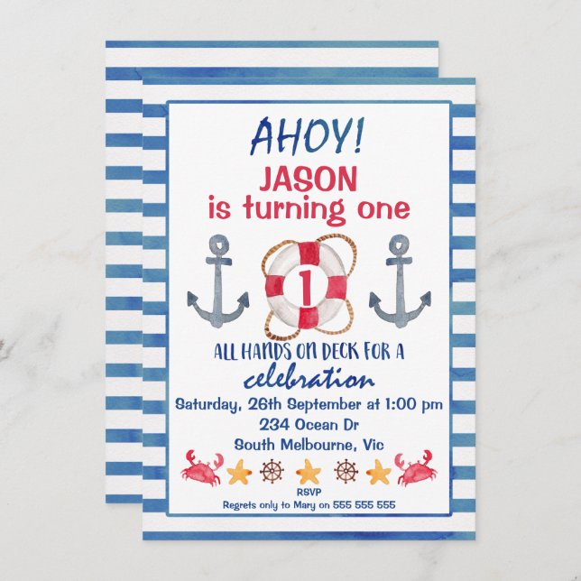 Boys Watercolor Nautical Birthday Invitation (Front/Back)